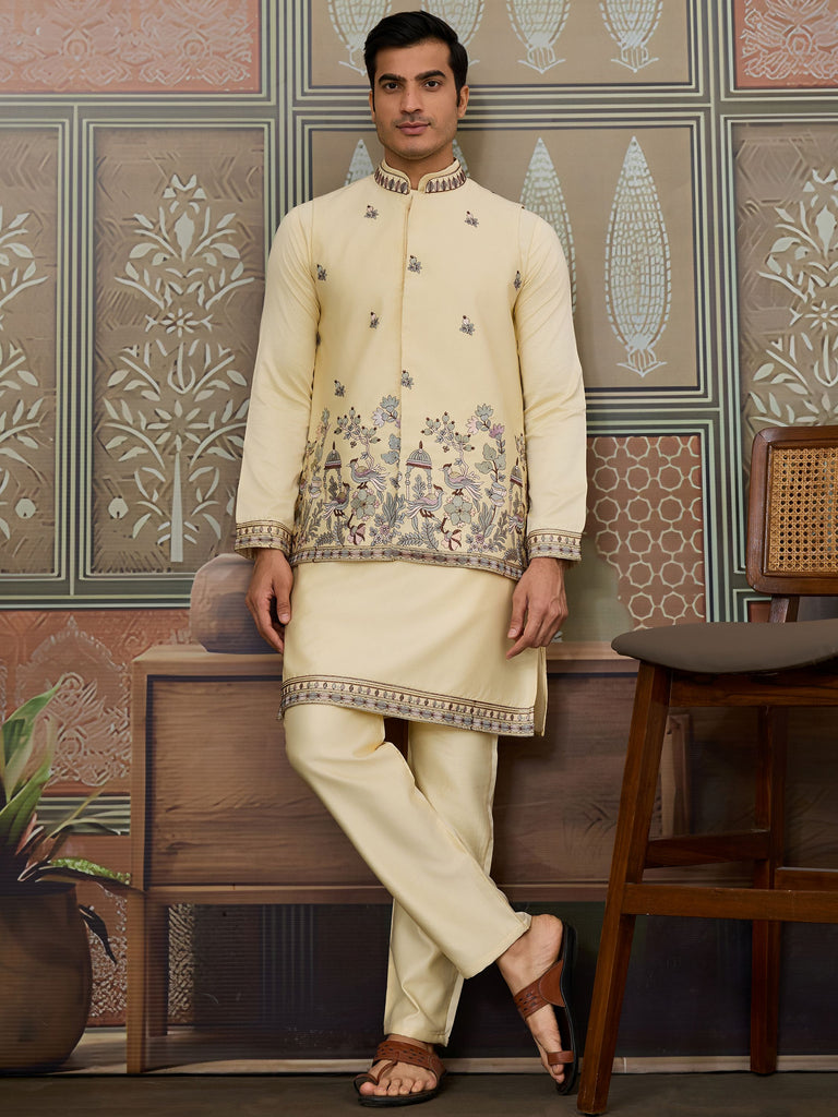 Amazing Light Yellow Thread Work Silk Designer Men Kurta With Pant And Jacket
