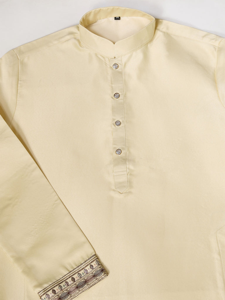Amazing Light Yellow Thread Work Silk Designer Men Kurta With Pant And Jacket