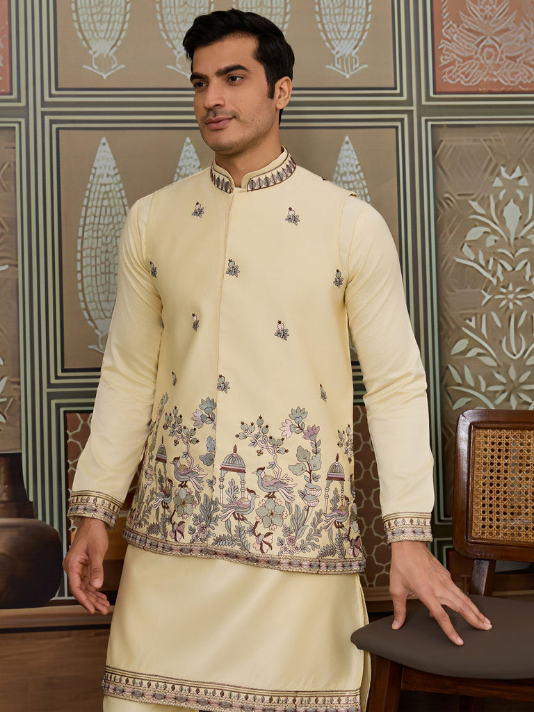 Amazing Light Yellow Thread Work Silk Designer Men Kurta With Pant And Jacket