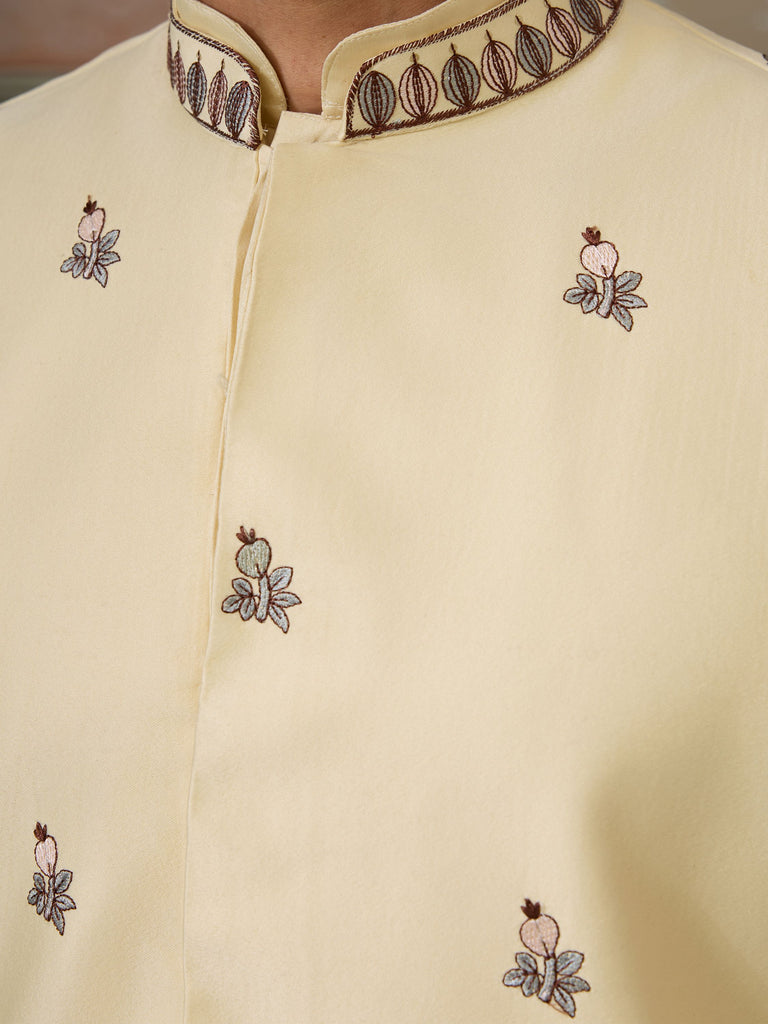 Amazing Light Yellow Thread Work Silk Designer Men Kurta With Pant And Jacket