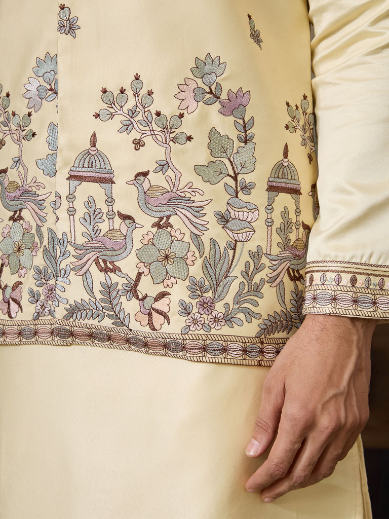 Amazing Light Yellow Thread Work Silk Designer Men Kurta With Pant And Jacket