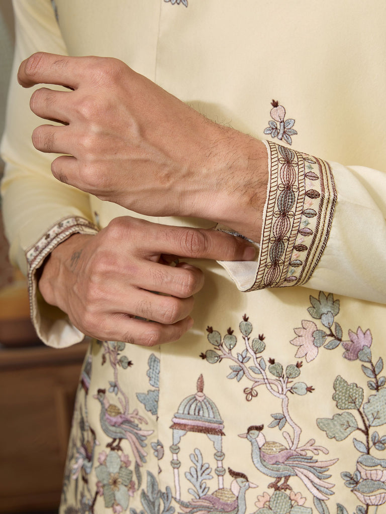 Amazing Light Yellow Thread Work Silk Designer Men Kurta With Pant And Jacket