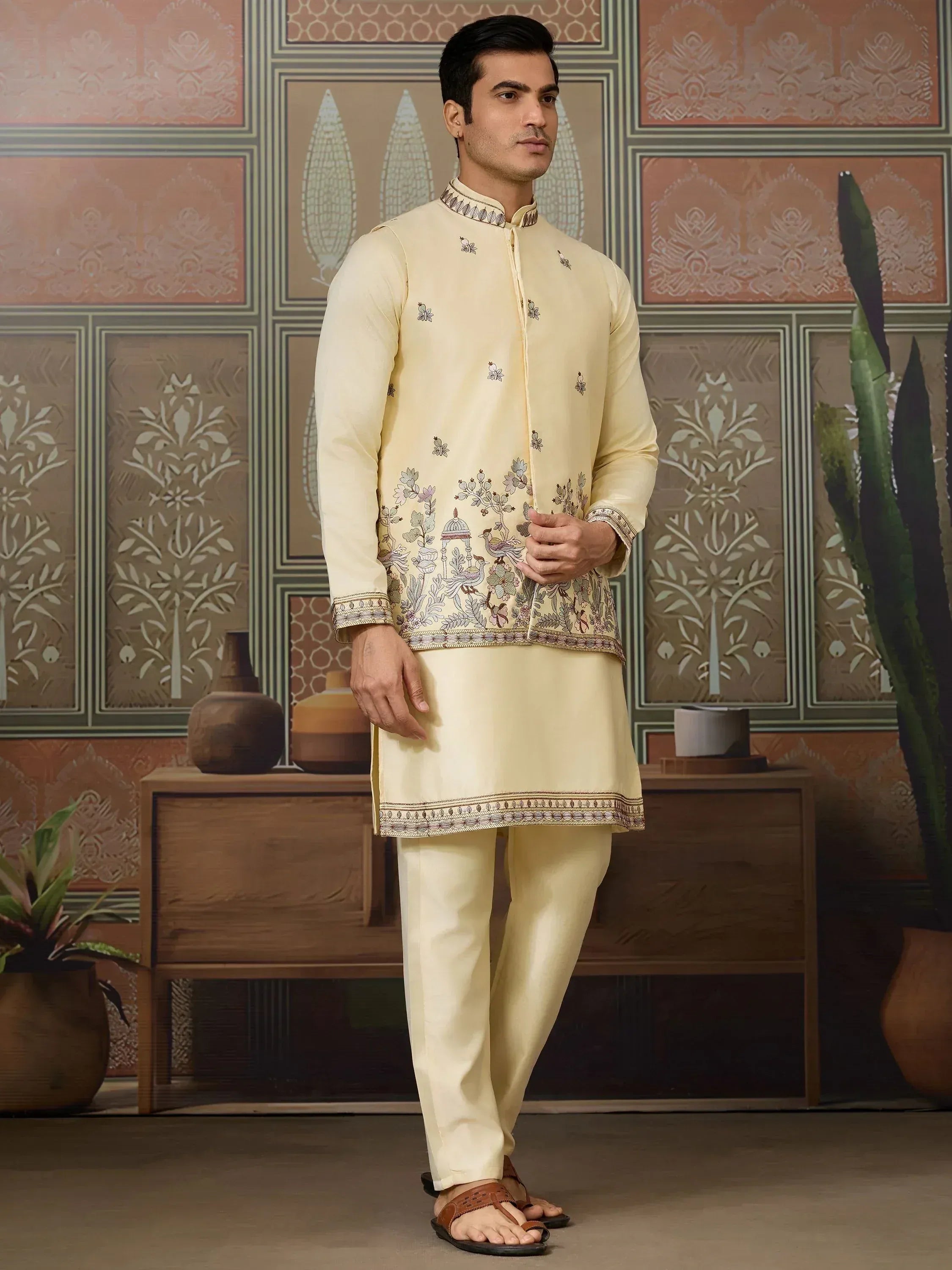 Men's cream embroidered kurta set with floral and bird motifs, ideal for ethnic occasions