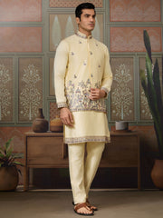 Amazing Light Yellow Thread Work Silk Designer Men Kurta With Pant And Jacket