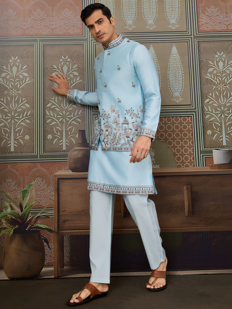 Graceful Sky Blue Thread Embroidered Silk Men Kurta With Pant And Jacket