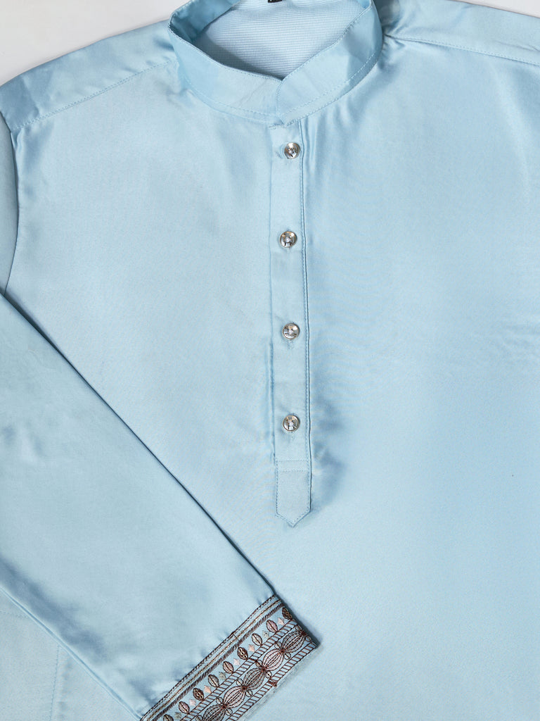 Graceful Sky Blue Thread Embroidered Silk Men Kurta With Pant And Jacket