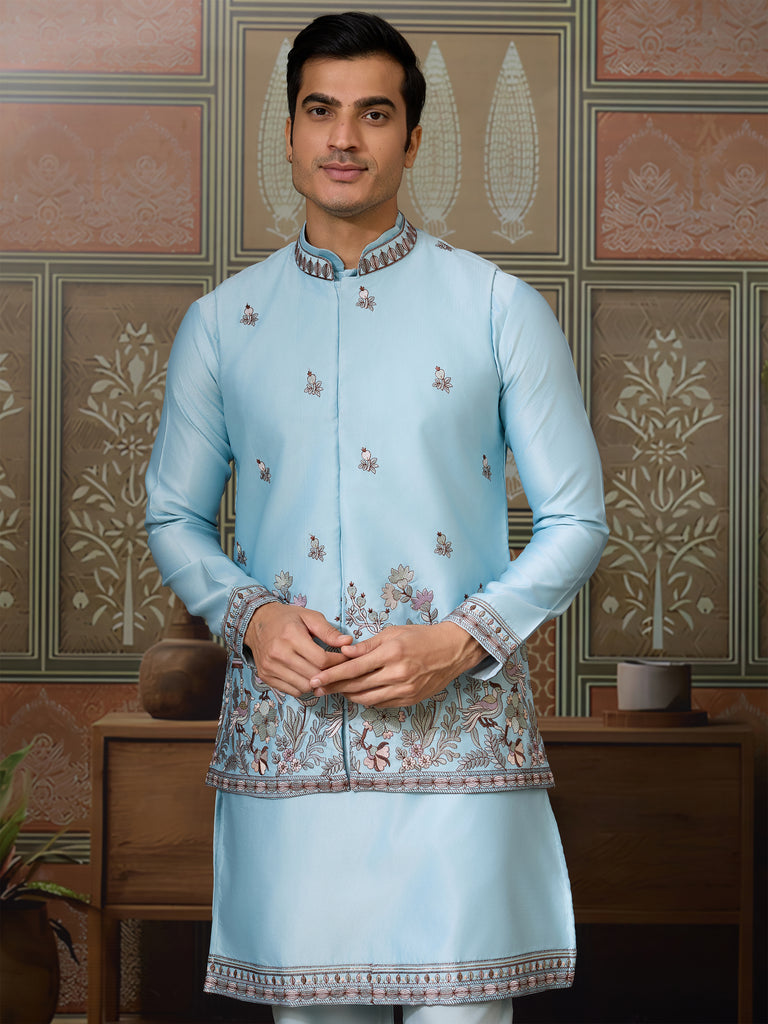 Graceful Sky Blue Thread Embroidered Silk Men Kurta With Pant And Jacket