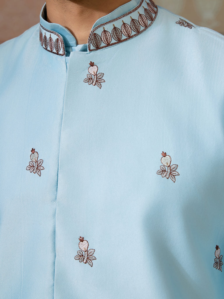 Graceful Sky Blue Thread Embroidered Silk Men Kurta With Pant And Jacket