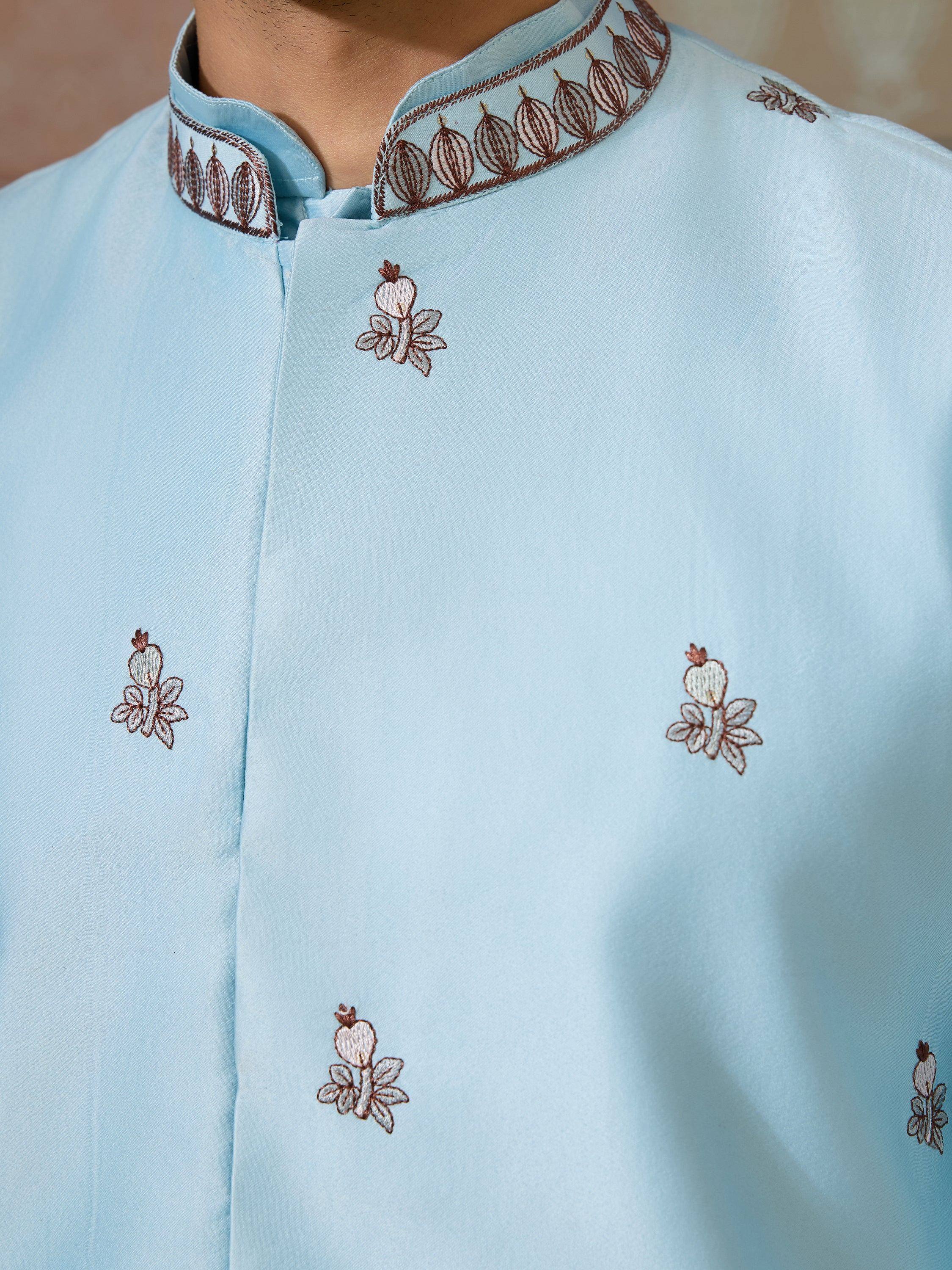 Light blue ethnic kurta with brown floral embroidery on collar and chest, traditional Indian men's wear