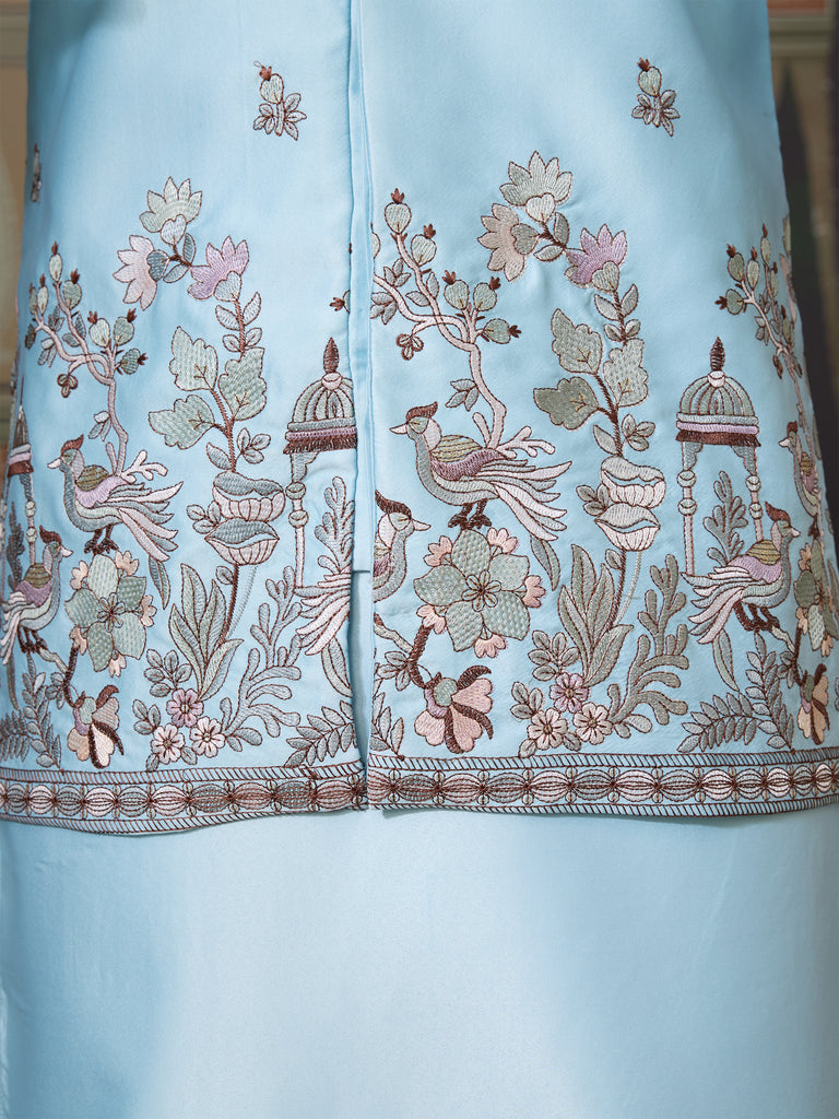 Graceful Sky Blue Thread Embroidered Silk Men Kurta With Pant And Jacket