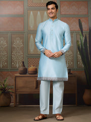Graceful Sky Blue Thread Embroidered Silk Men Kurta With Pant And Jacket
