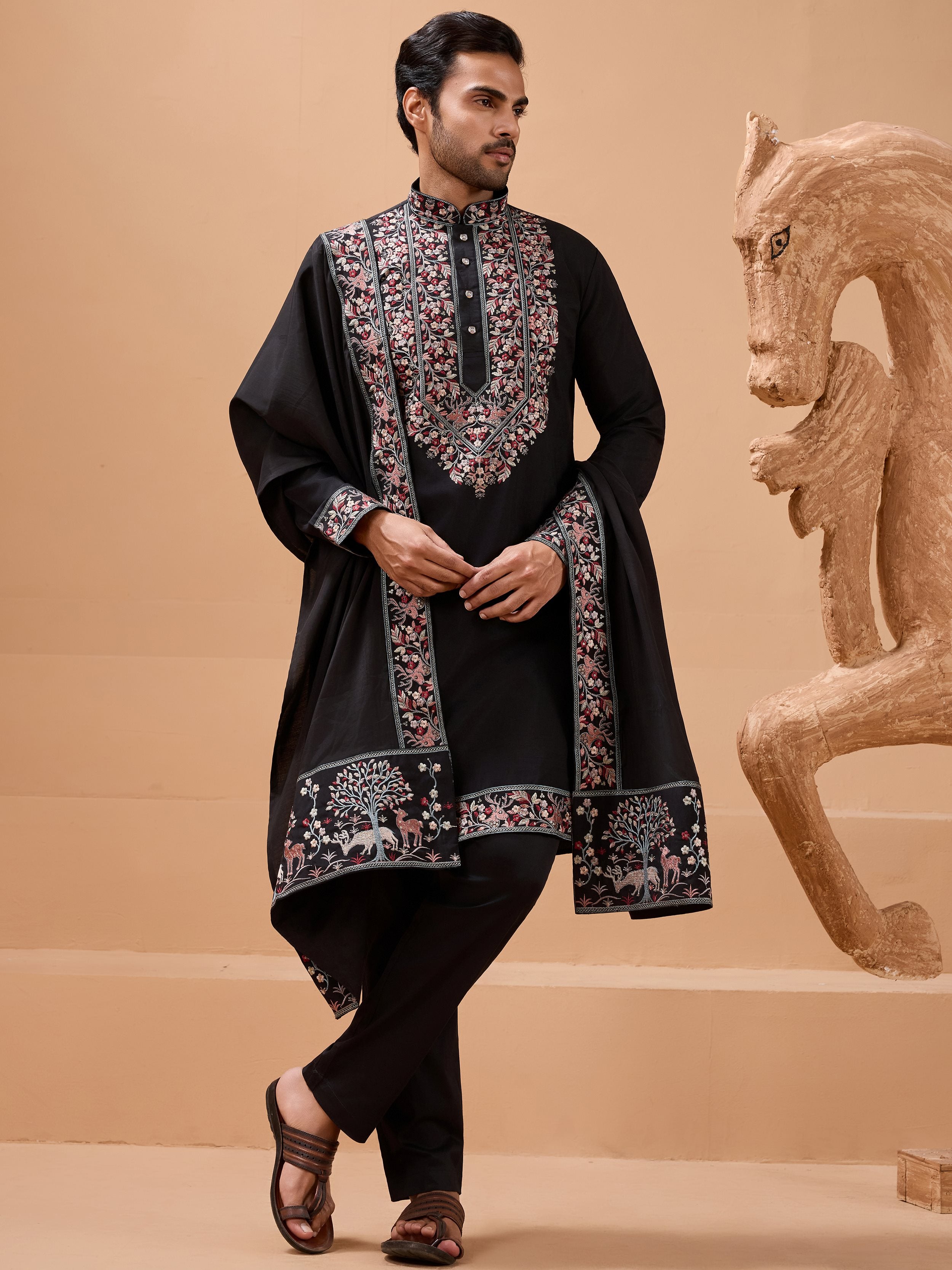 Alluring Black Embroidered Silk Wedding Wear Men’s Kurta With Dupatta