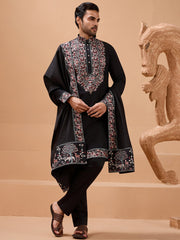 Alluring Black Embroidered Silk Wedding Wear Men’s Kurta With Dupatta