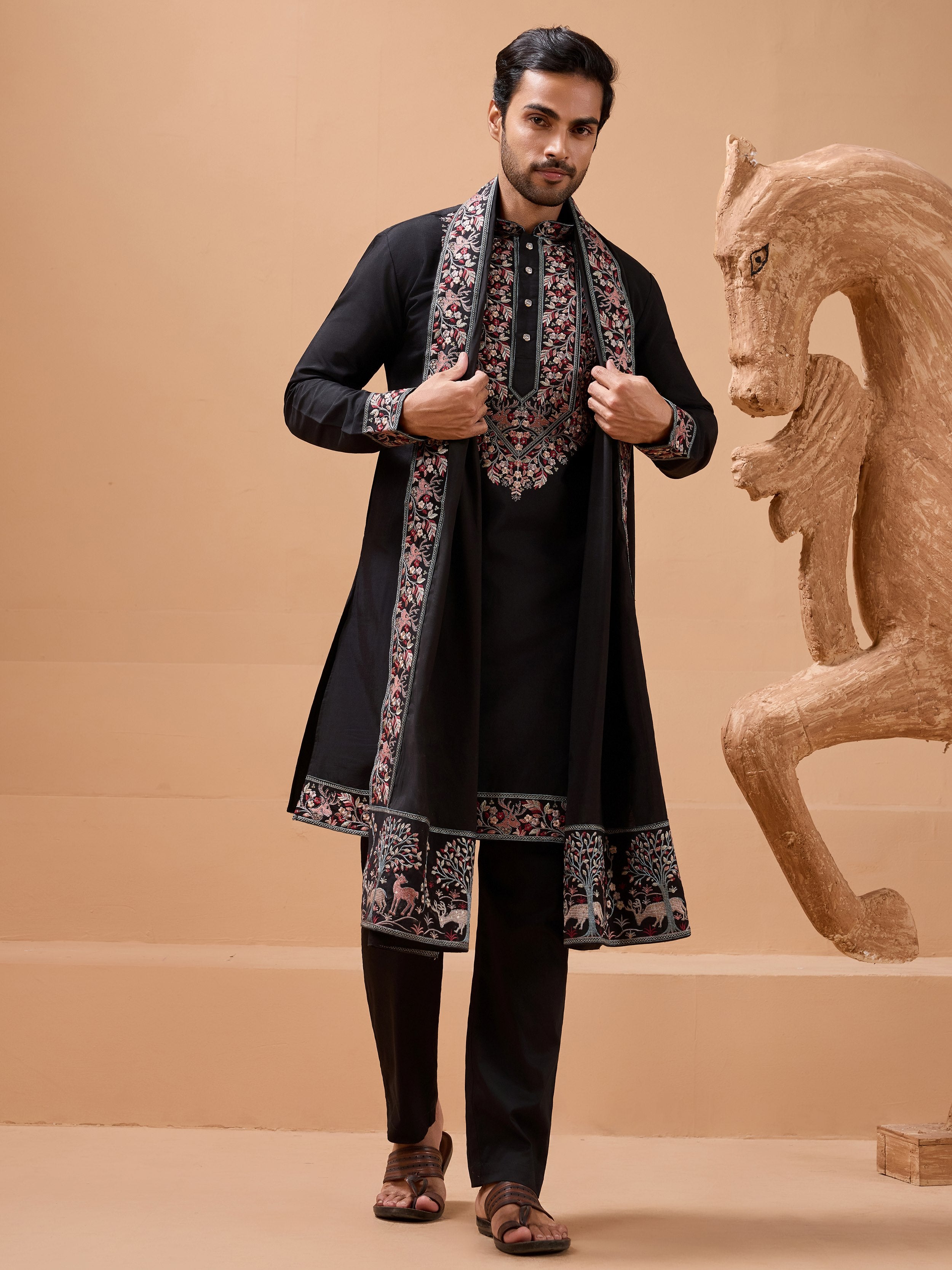 Alluring Black Embroidered Silk Wedding Wear Men’s Kurta With Dupatta