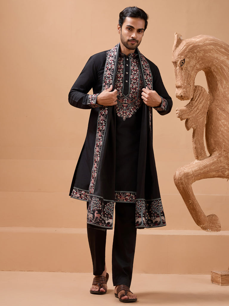 Alluring Black Embroidered Silk Wedding Wear Men’s Kurta With Dupatta