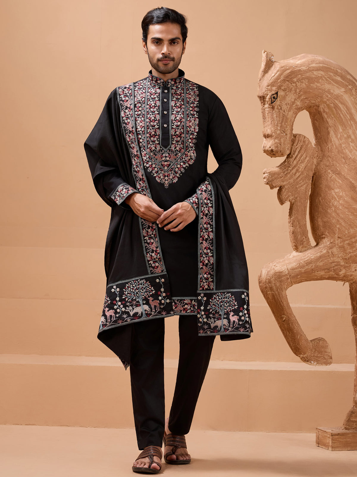 Alluring Black Embroidered Silk Wedding Wear Men’s Kurta With Dupatta
