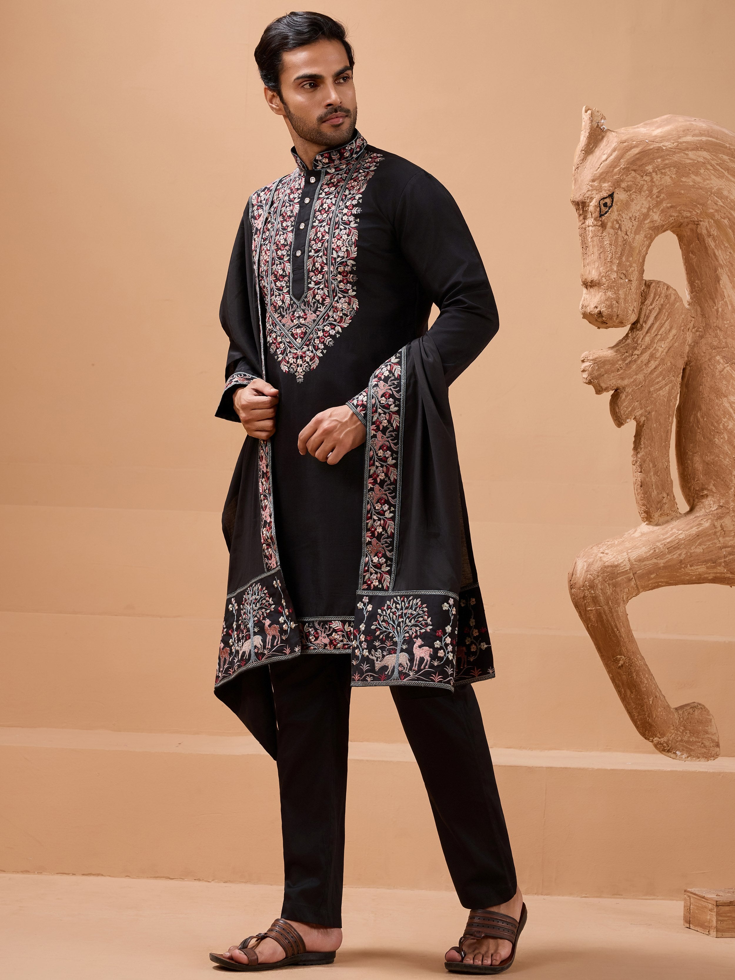 Alluring Black Embroidered Silk Wedding Wear Men’s Kurta With Dupatta