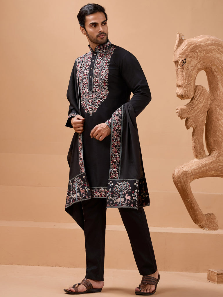 Alluring Black Embroidered Silk Wedding Wear Men’s Kurta With Dupatta