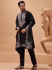 Alluring Black Embroidered Silk Wedding Wear Men’s Kurta With Dupatta