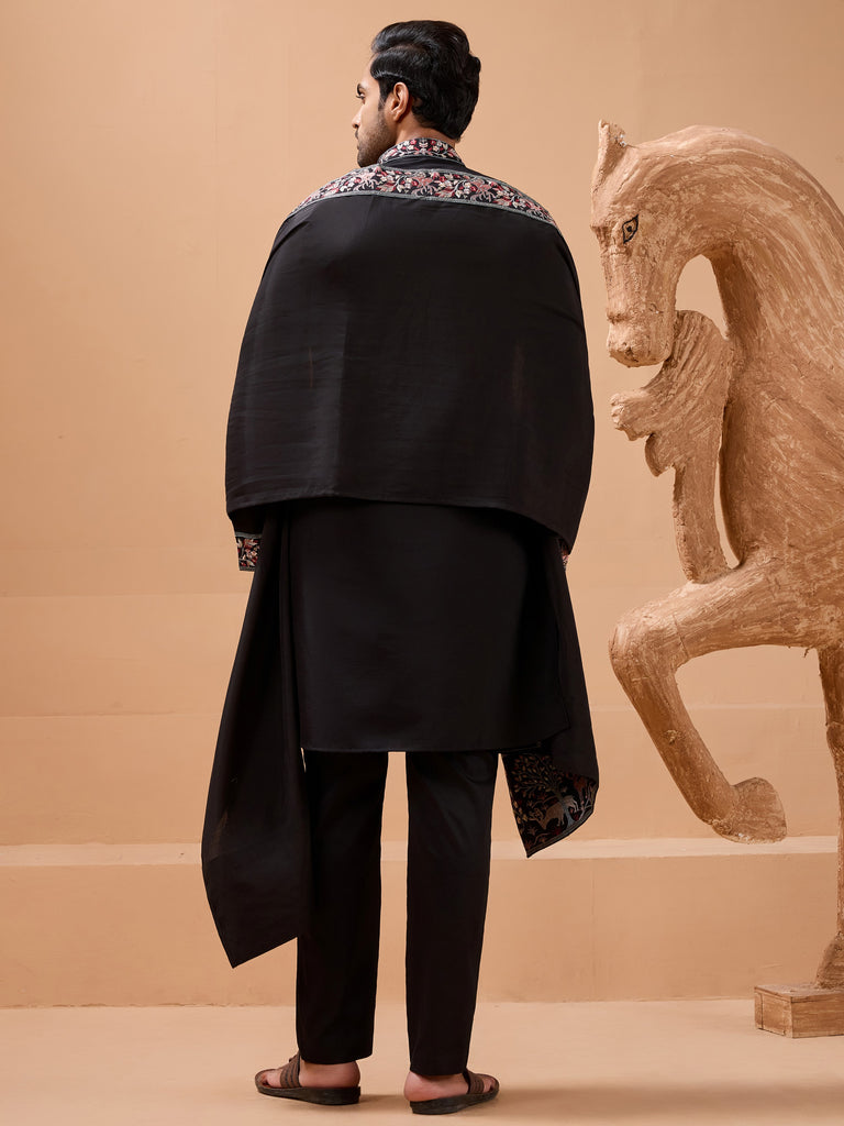 Alluring Black Embroidered Silk Wedding Wear Men’s Kurta With Dupatta