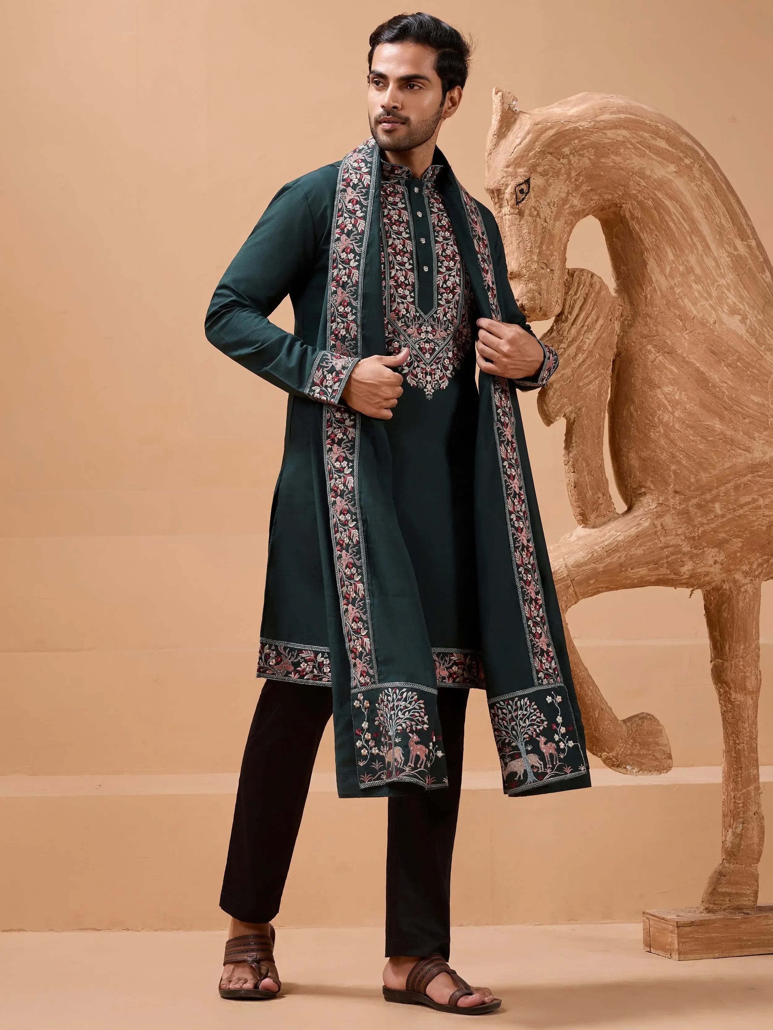 Amazing Green Embroidered Silk Festive Wear Men’s Kurta With Dupatta