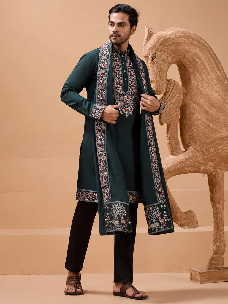 Amazing Green Embroidered Silk Festive Wear Men’s Kurta With Dupatta