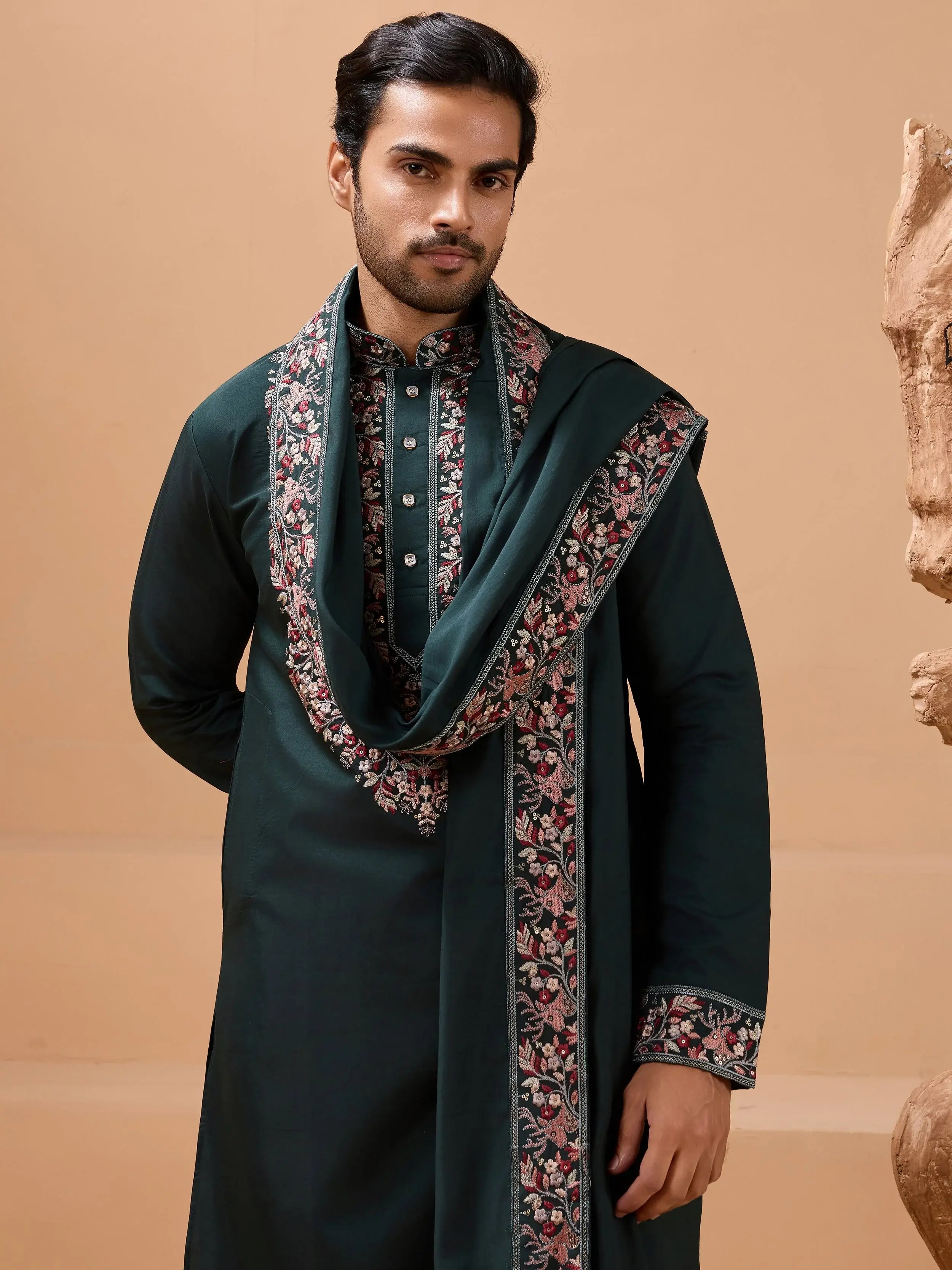 Amazing Green Embroidered Silk Festive Wear Men’s Kurta With Dupatta