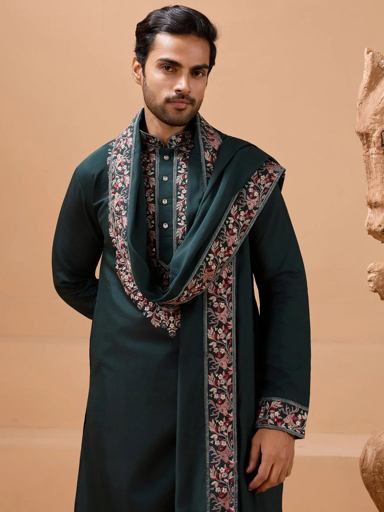 Amazing Green Embroidered Silk Festive Wear Men’s Kurta With Dupatta