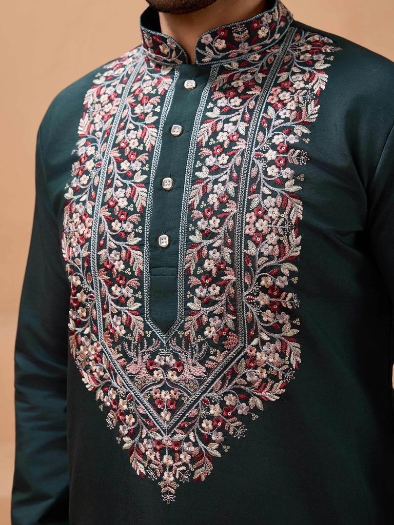 Amazing Green Embroidered Silk Festive Wear Men’s Kurta With Dupatta