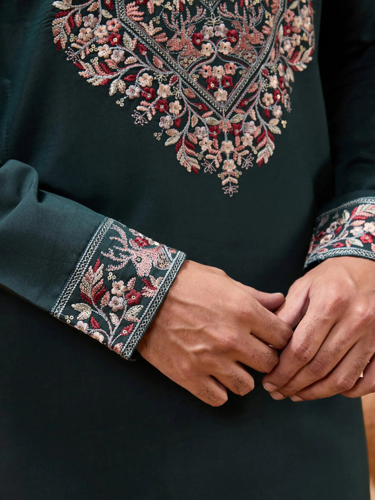 Amazing Green Embroidered Silk Festive Wear Men’s Kurta With Dupatta