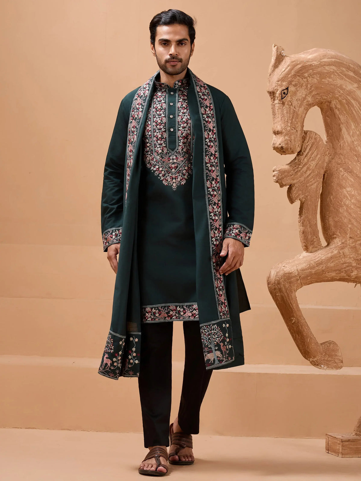 Amazing Green Embroidered Silk Festive Wear Men’s Kurta With Dupatta