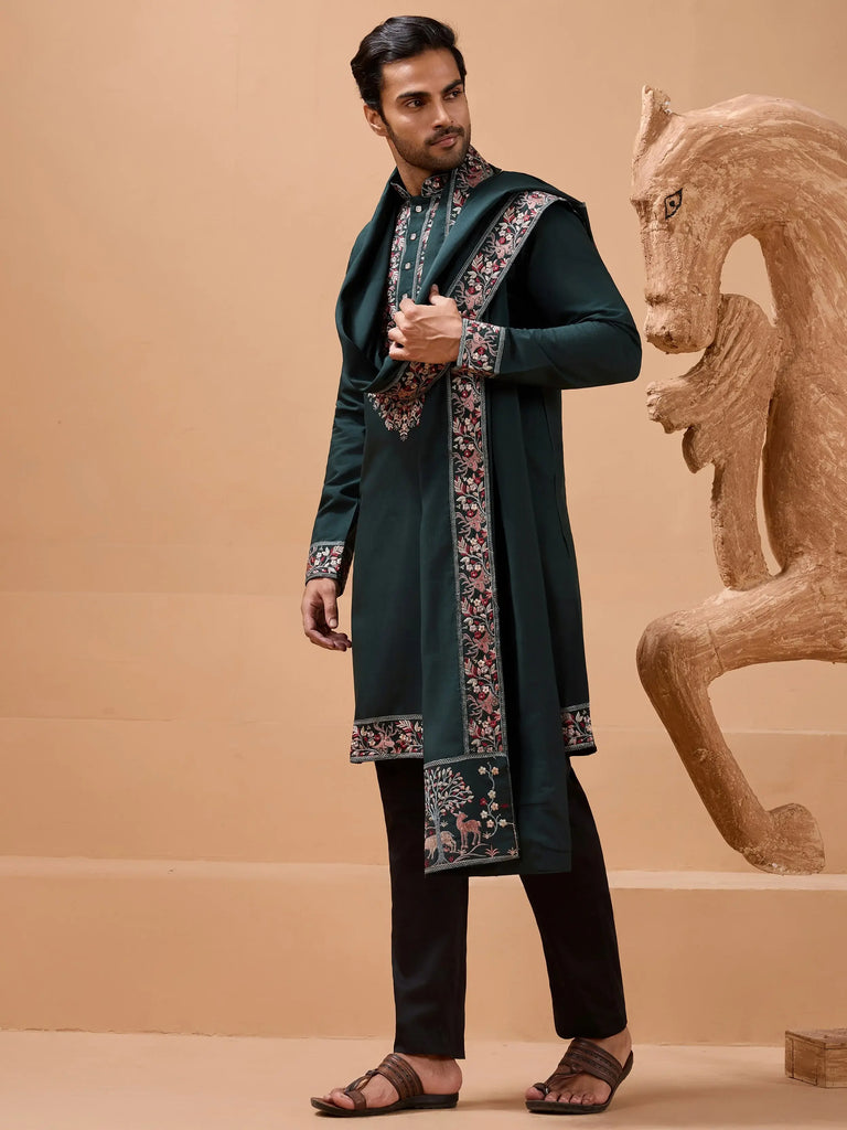Amazing Green Embroidered Silk Festive Wear Men’s Kurta With Dupatta