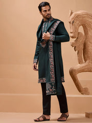 Amazing Green Embroidered Silk Festive Wear Men’s Kurta With Dupatta