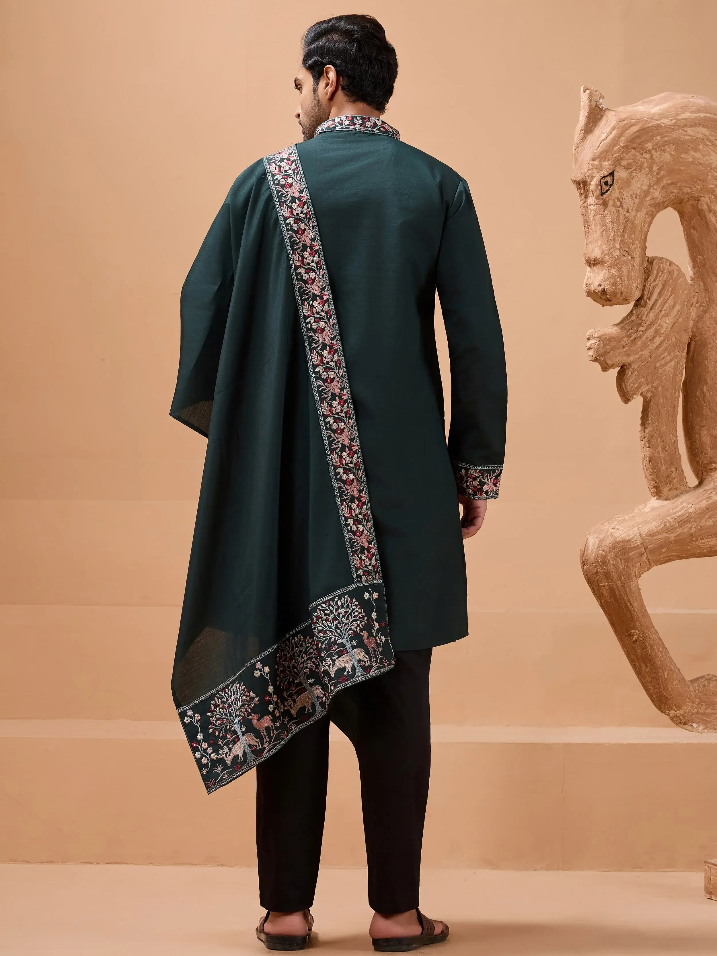 Amazing Green Embroidered Silk Festive Wear Men’s Kurta With Dupatta