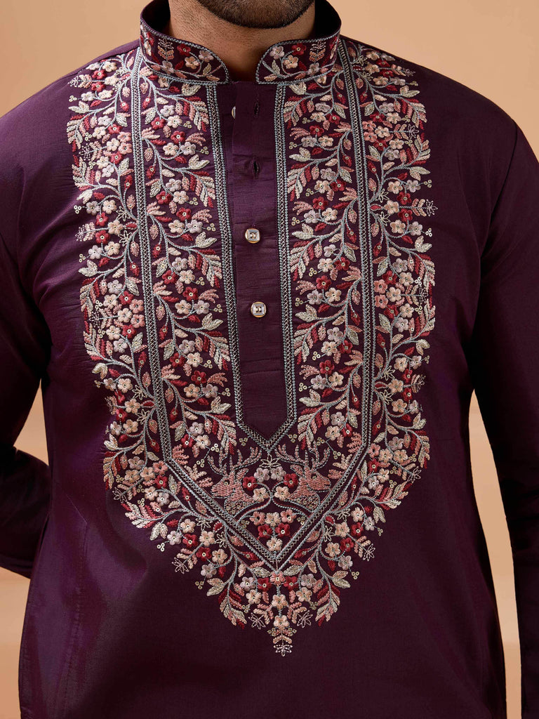 Beautiful Purple Embroidered Silk Festive Wear Men’s Kurta With Dupatta