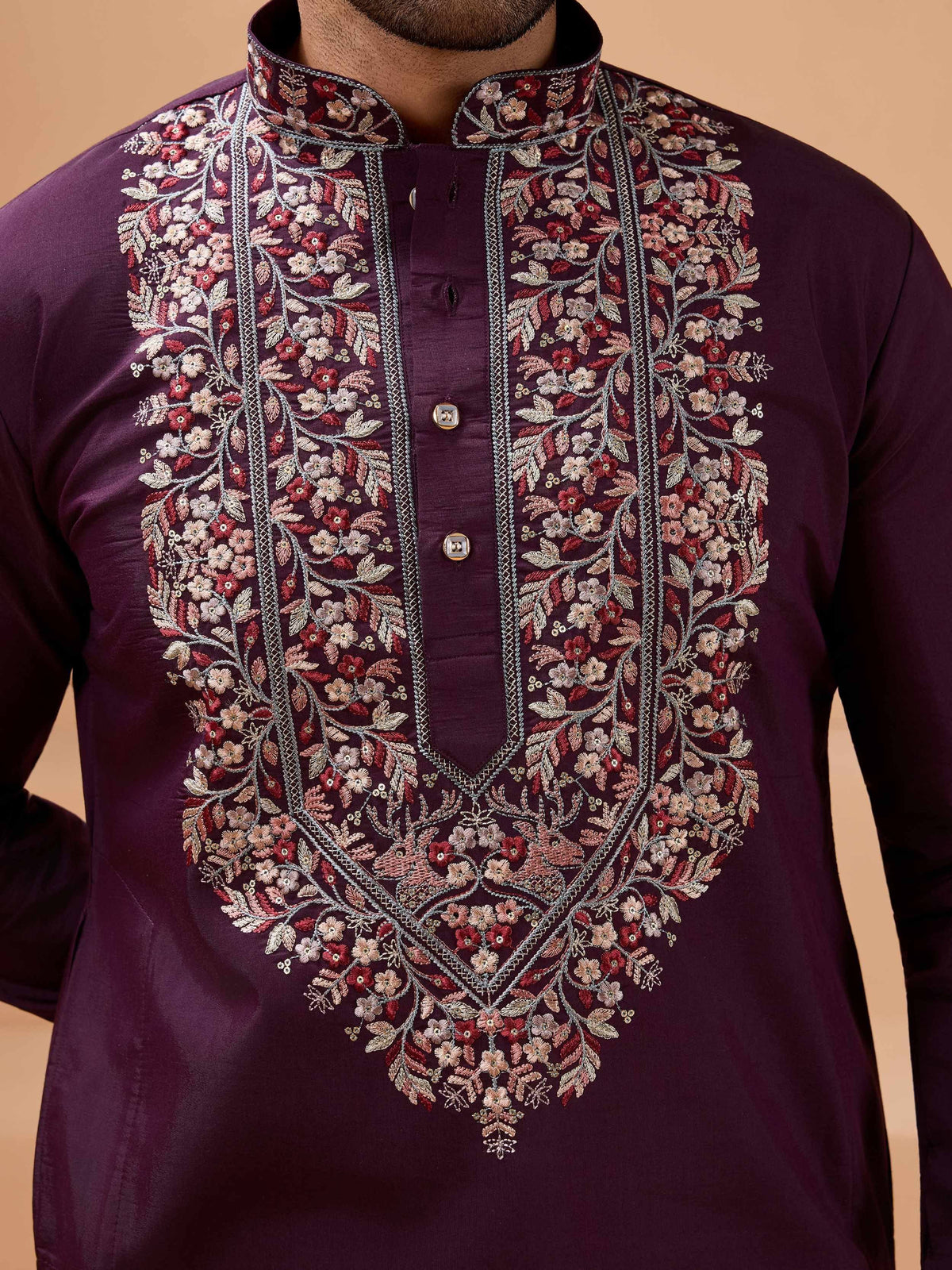 Purple kurta with intricate floral embroidery for men's ethnic wear