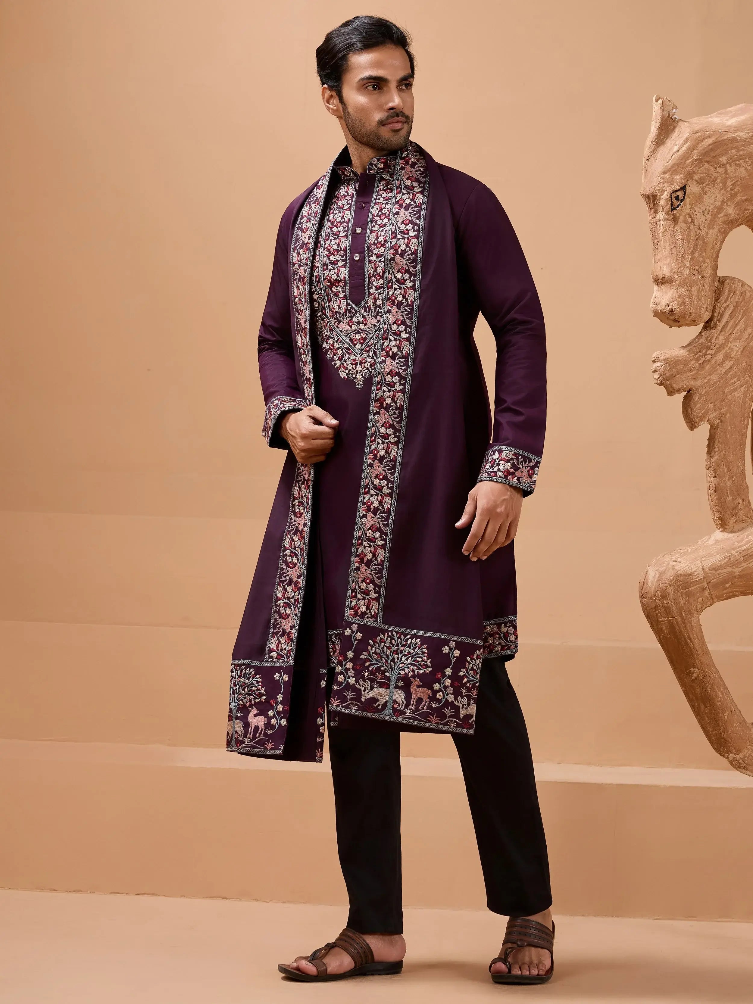 Beautiful Purple Embroidered Silk Festive Wear Men’s Kurta With Dupatta