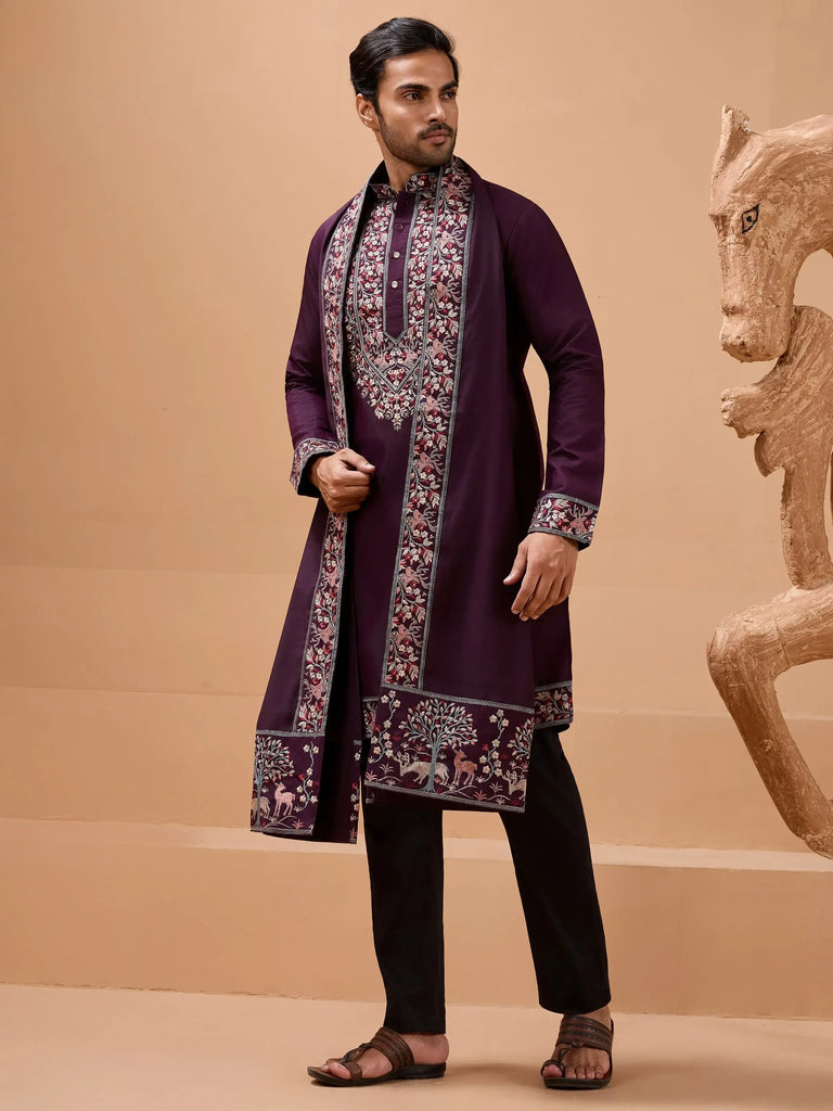 Beautiful Purple Embroidered Silk Festive Wear Men’s Kurta With Dupatta