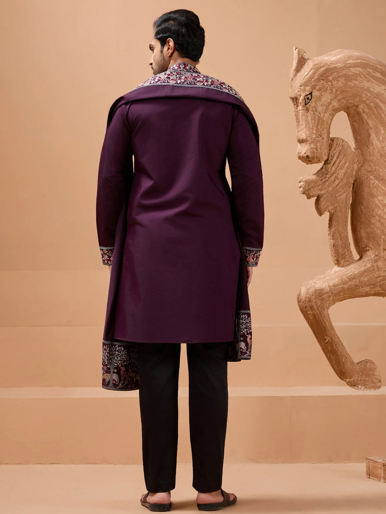 Beautiful Purple Embroidered Silk Festive Wear Men’s Kurta With Dupatta