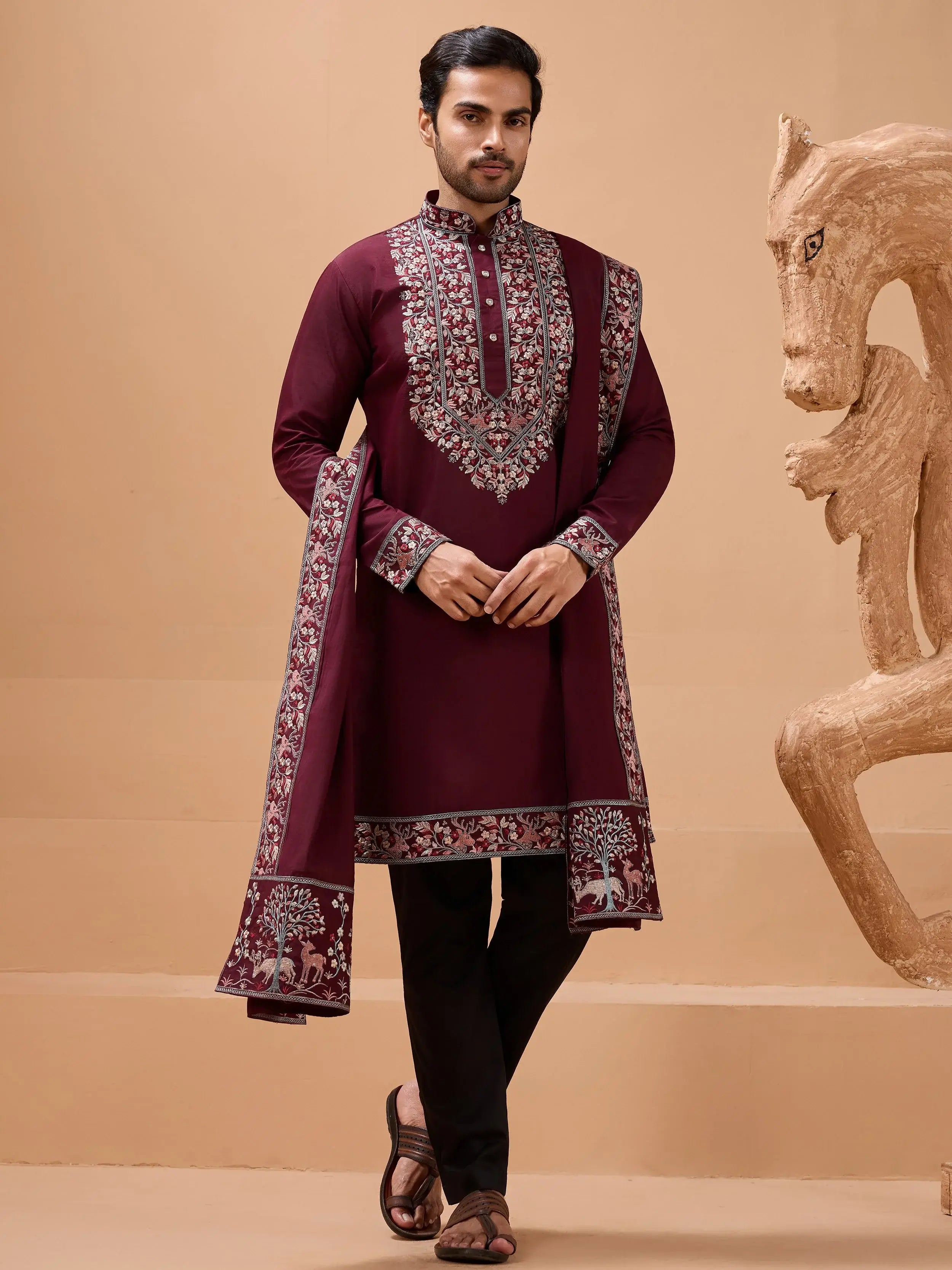 Charming Maroon Embroidered Silk Wedding Wear Men’s Kurta With Dupatta