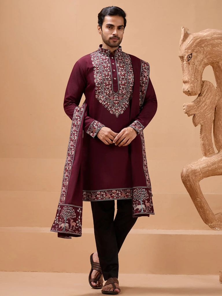 Charming Maroon Embroidered Silk Wedding Wear Men’s Kurta With Dupatta