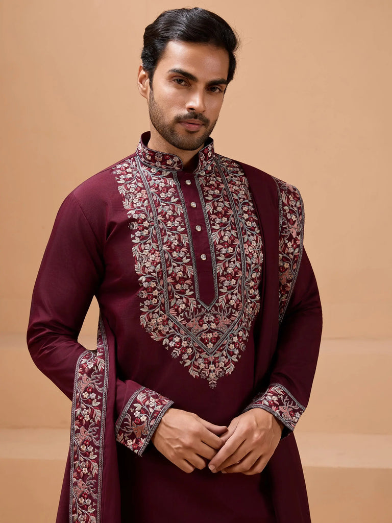 Charming Maroon Embroidered Silk Wedding Wear Men’s Kurta With Dupatta