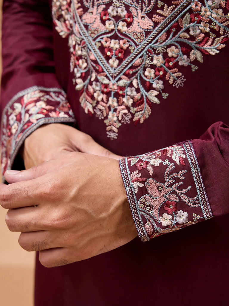 Charming Maroon Embroidered Silk Wedding Wear Men’s Kurta With Dupatta