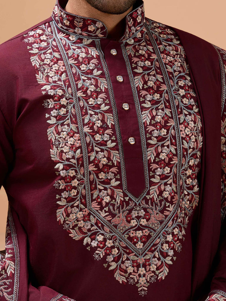 Charming Maroon Embroidered Silk Wedding Wear Men’s Kurta With Dupatta