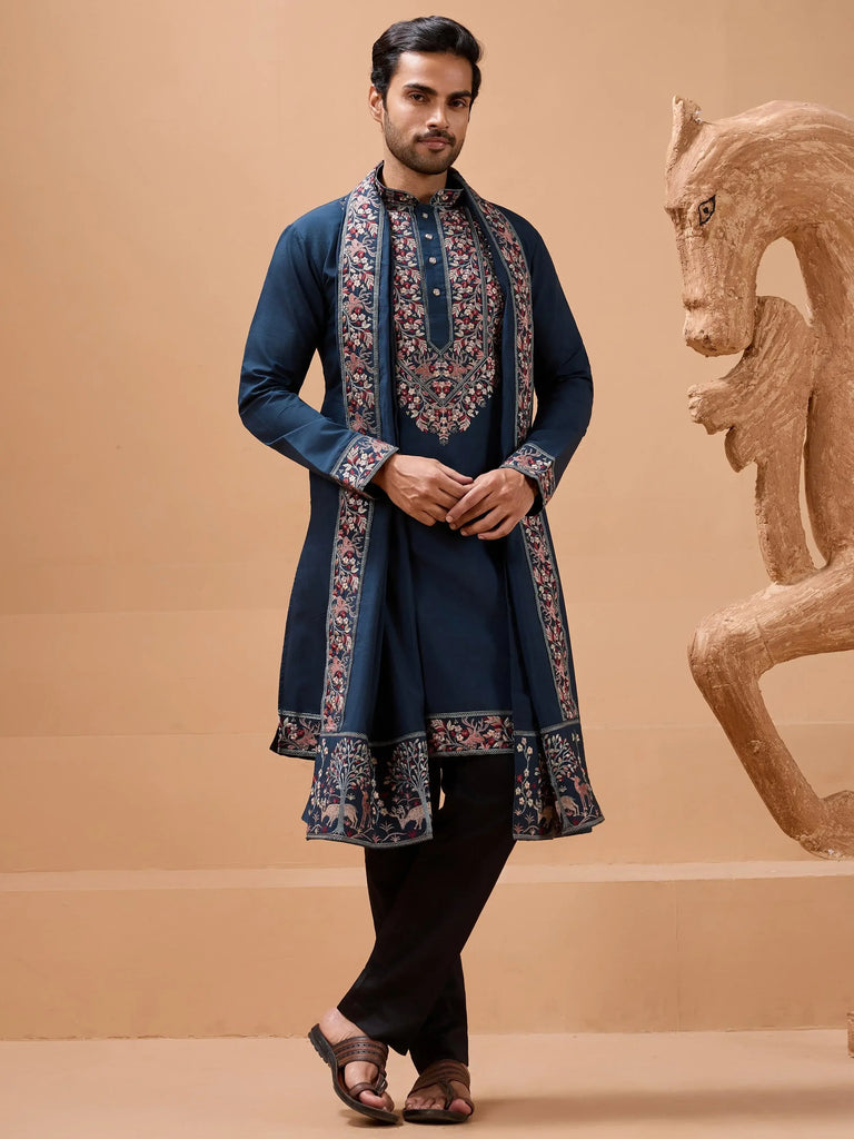 Dazzling Blue Embroidered Silk Function Wear Men’s Kurta With Dupatta