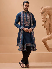 Dazzling Blue Embroidered Silk Function Wear Men’s Kurta With Dupatta