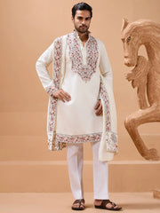 Stunning White Embroidered Silk Wedding Wear Men’s Kurta With Dupatta
