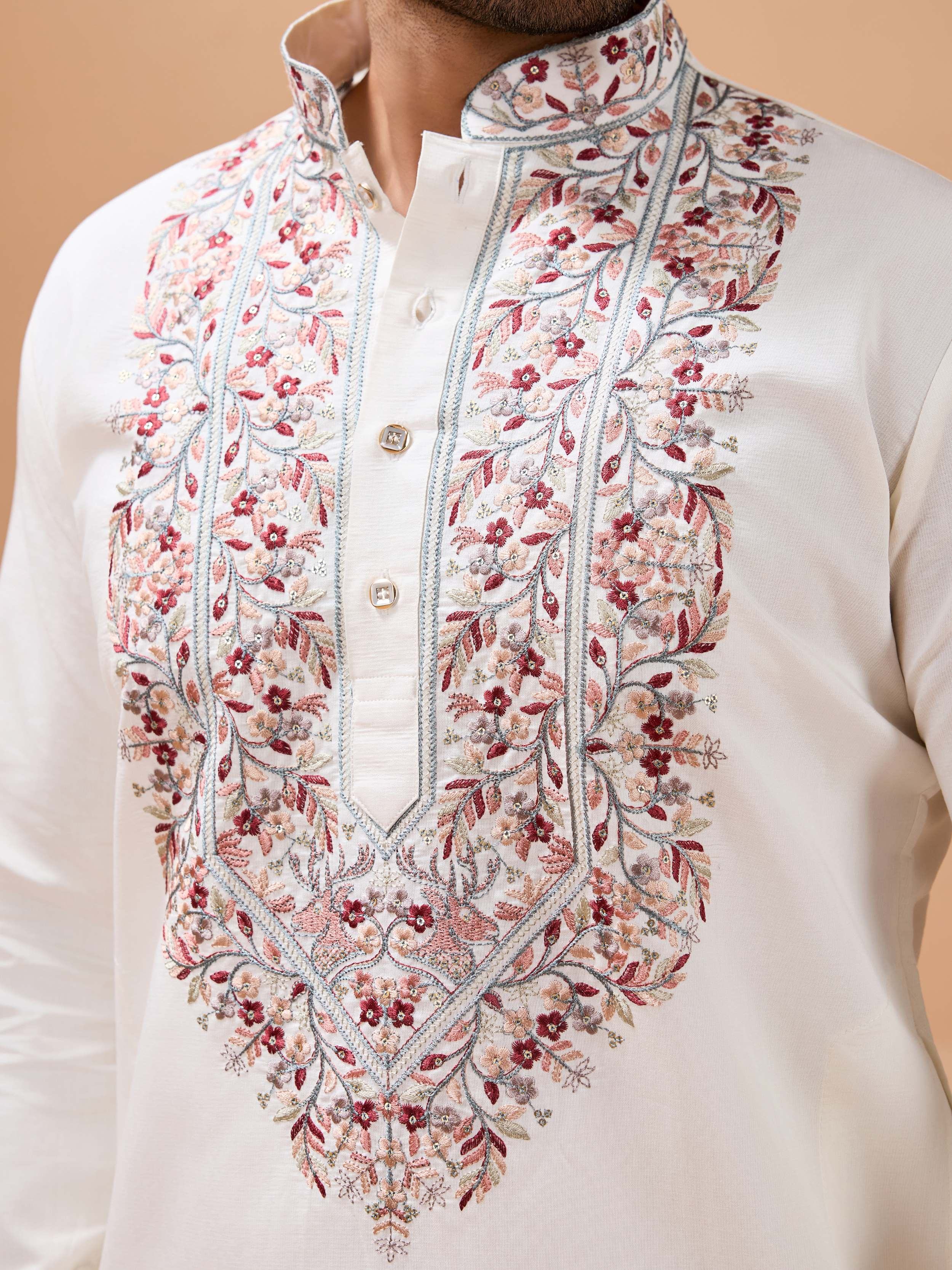 Stunning White Embroidered Silk Wedding Wear Men’s Kurta With Dupatta