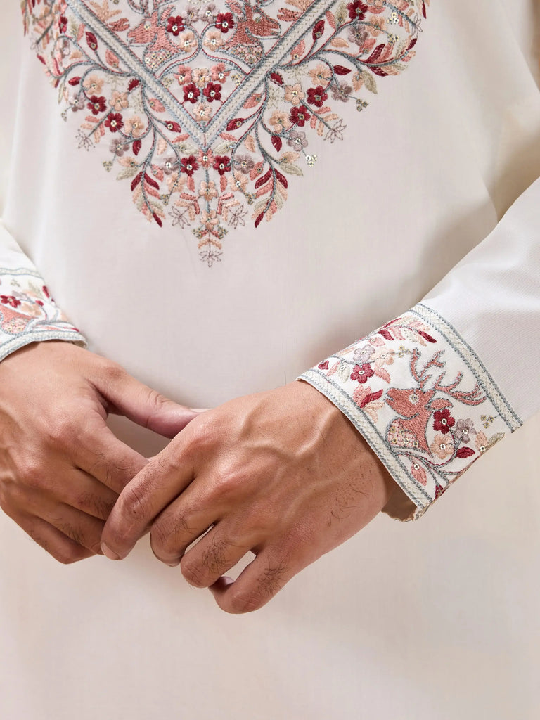 Stunning White Embroidered Silk Wedding Wear Men’s Kurta With Dupatta