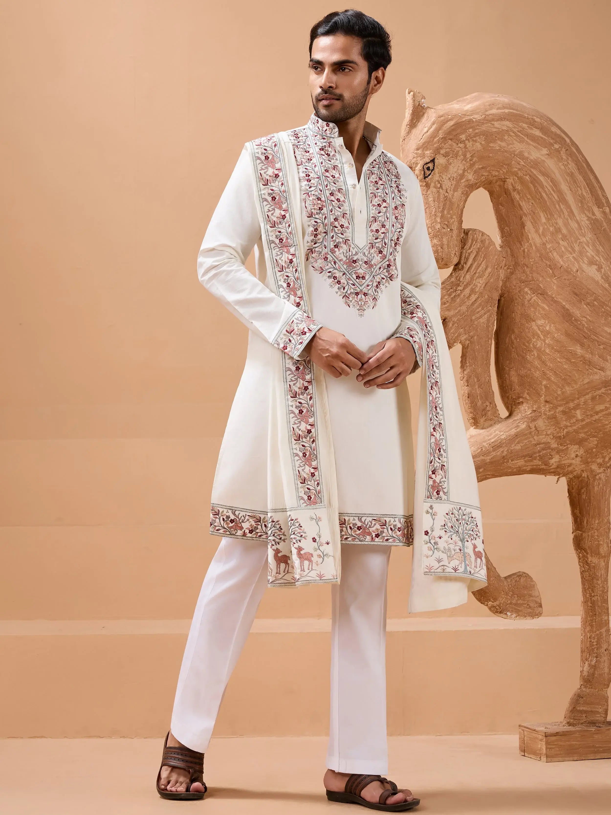 Stunning White Embroidered Silk Wedding Wear Men’s Kurta With Dupatta